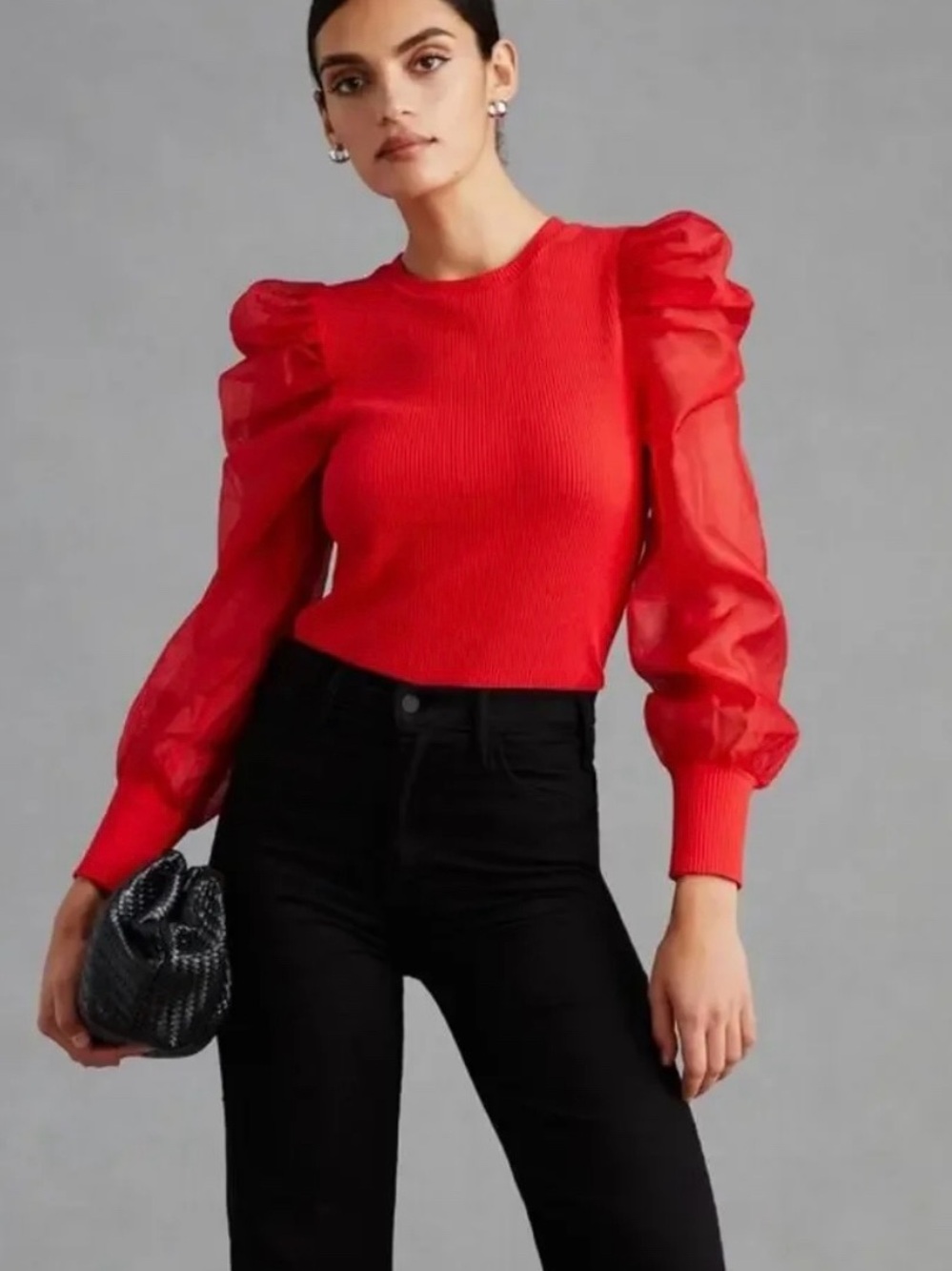 dolan Red Puff-Sleeve Knit Sweater Size S